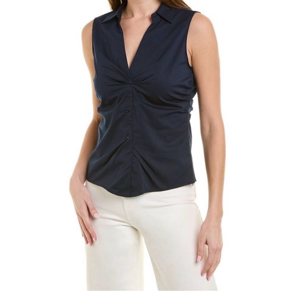 Elie Tahari Womens Ruched Sleeveless Shirt in Navy